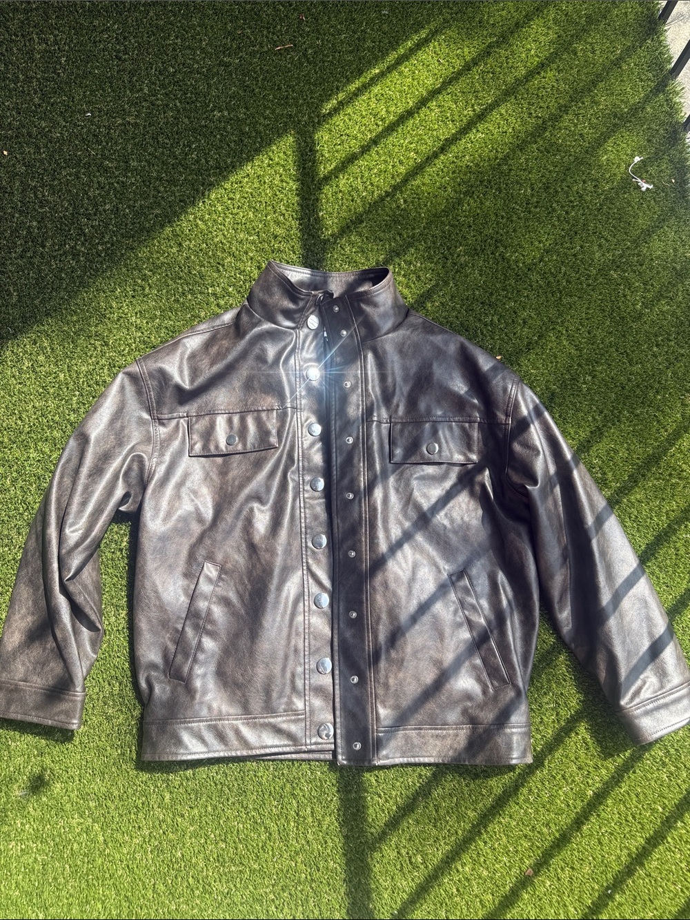 WeWoreWhat Brown Snap-Front Leather oversized Jacketed 90’s